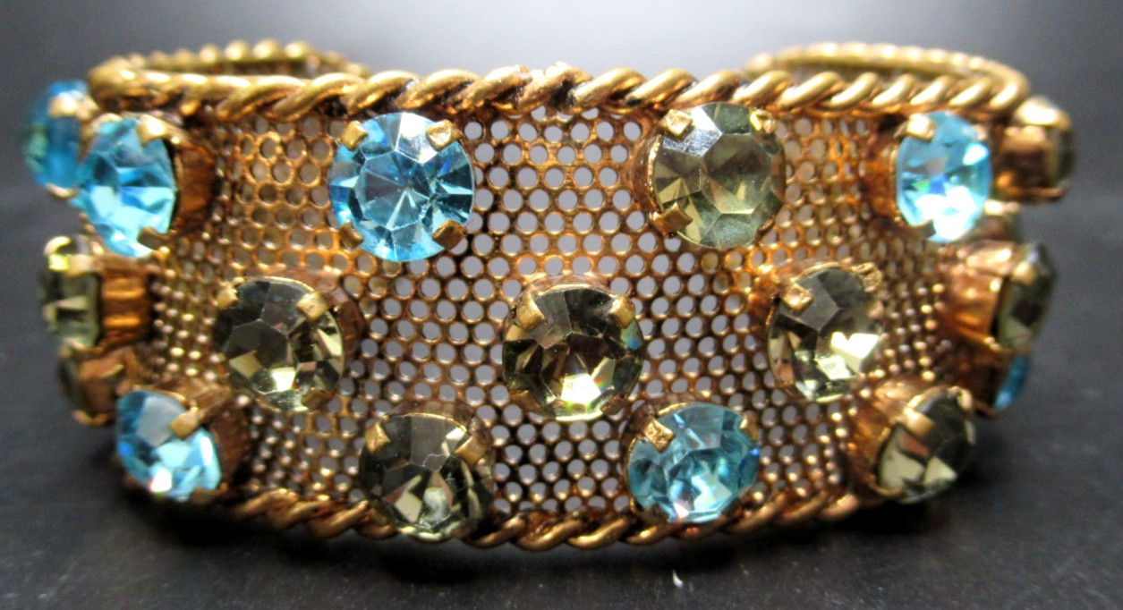 1940\'s Golden Mesh Blue & Topaz Rhinestone Vintage Cuff Bracelet