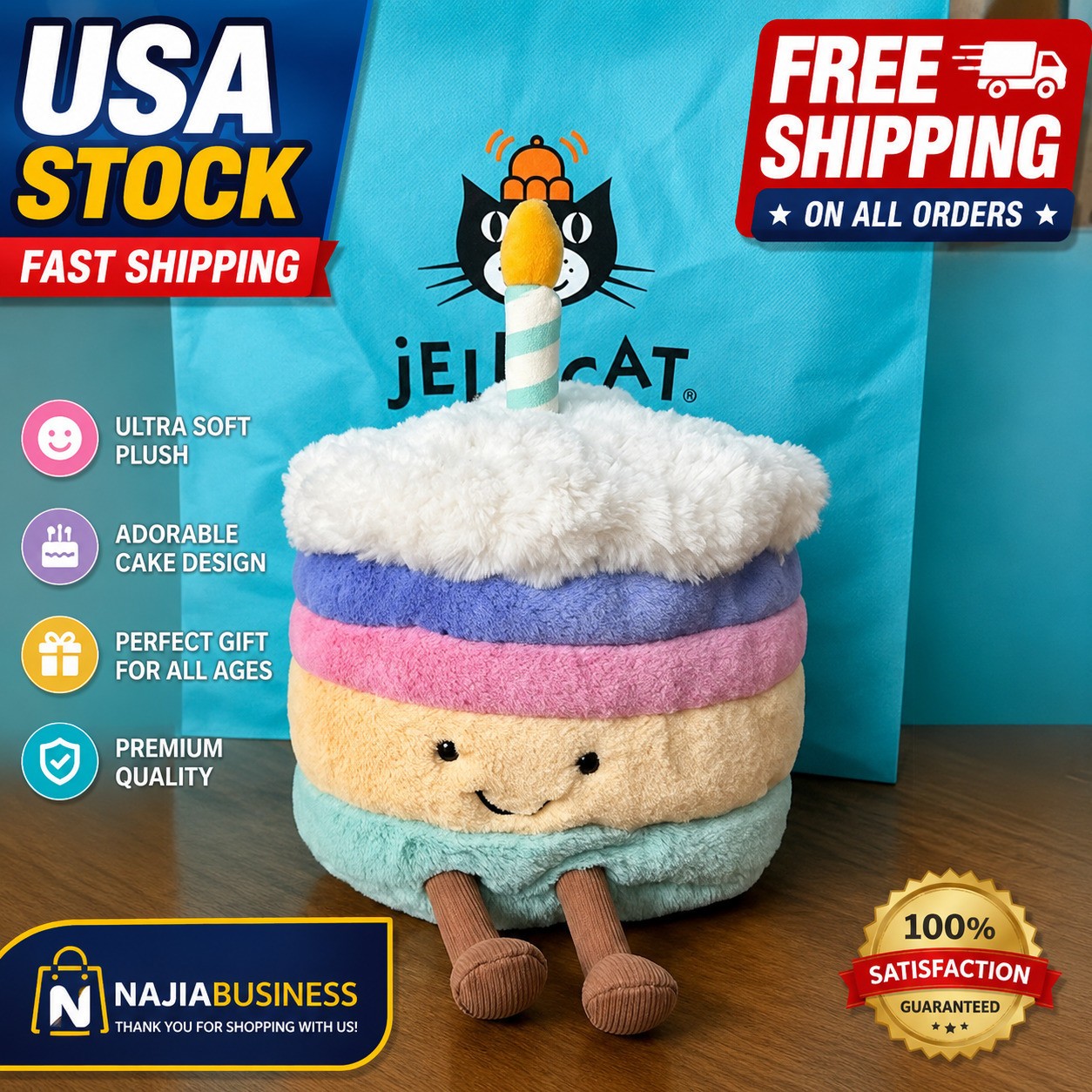 Jellycat Birthday Cake Plush Soft Toy Cute Stuffed Animal Gift USA Stock