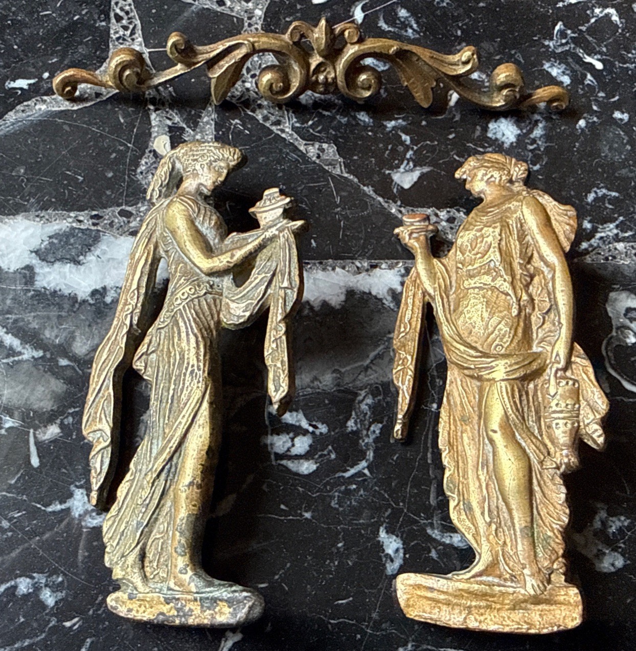3 Antique Gilt Brass Neoclassical Furniture Mounts Appliques Figural Crest 3 Antique Gilt Brass Neoclassical Furniture Mounts Appliques Figural Crest