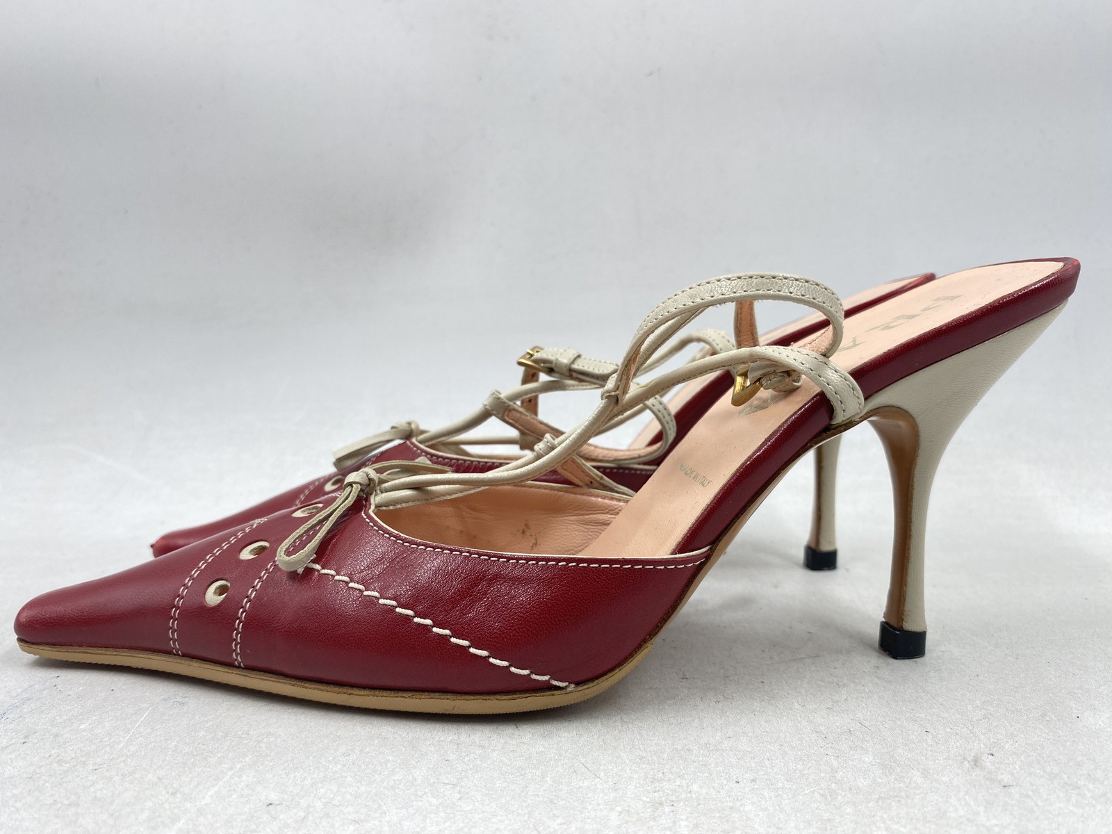 Prada Red White Leather Pointed Toe Lace Up Strap Heels Size 36.5 COA