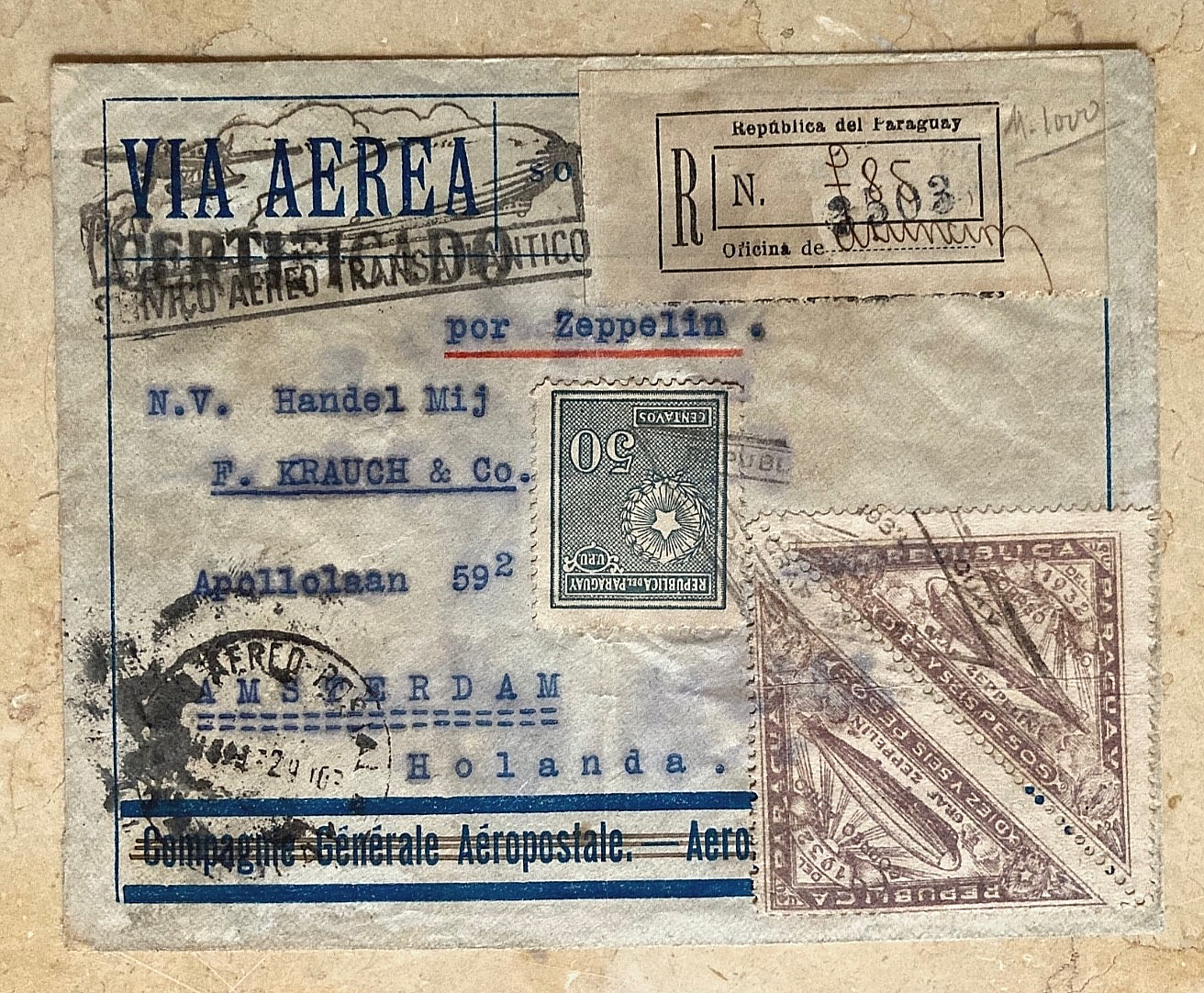 1932 Paraguay Graf Zeppelin Cover 1st South American Flight to Holland F. Krauch