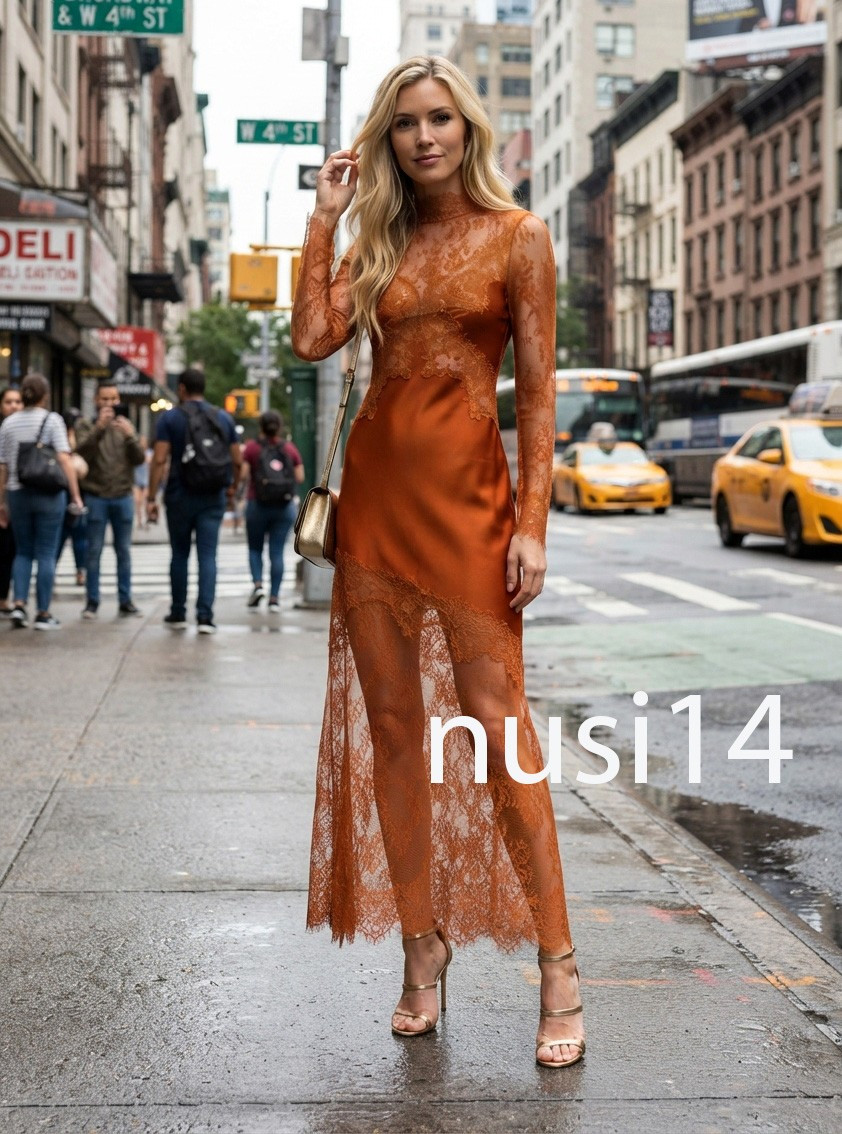 ZARA NEW LONG ZW COLLECTION SATIN LACE DRESS CARAMEL XS-XL 5919/133/732 5919/207