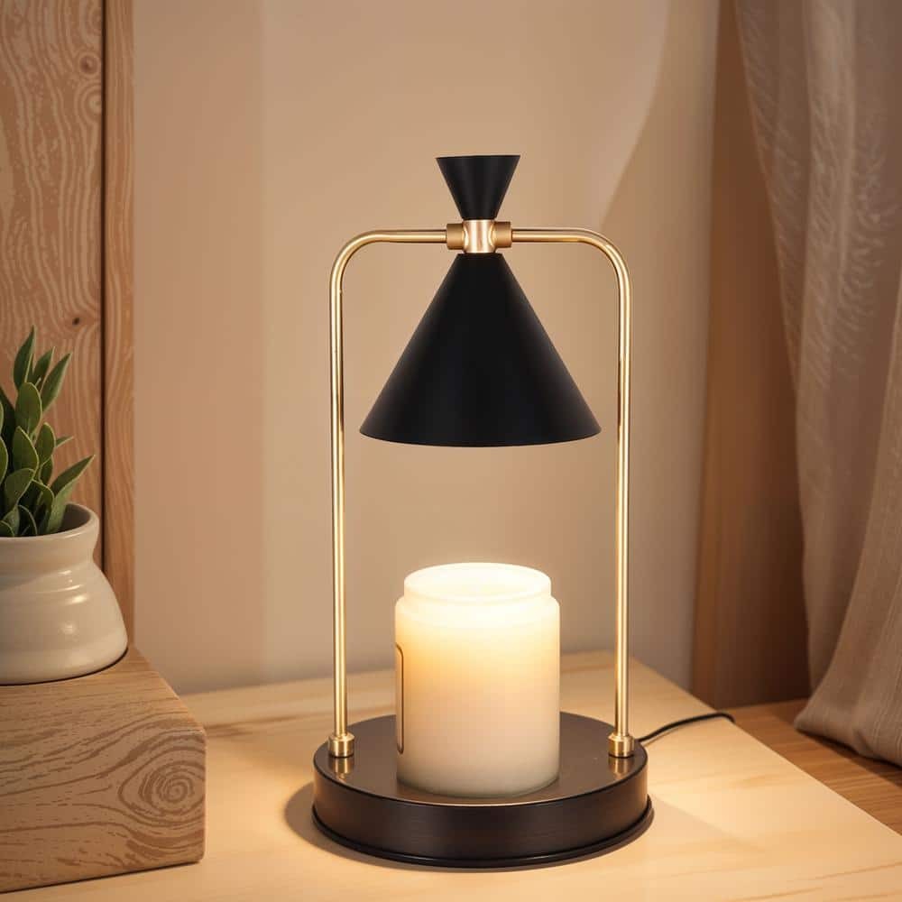Alsy 11.8 in. Black & Gold Candle Warmer Lamp w/ Timer Option, Black Metal Shade