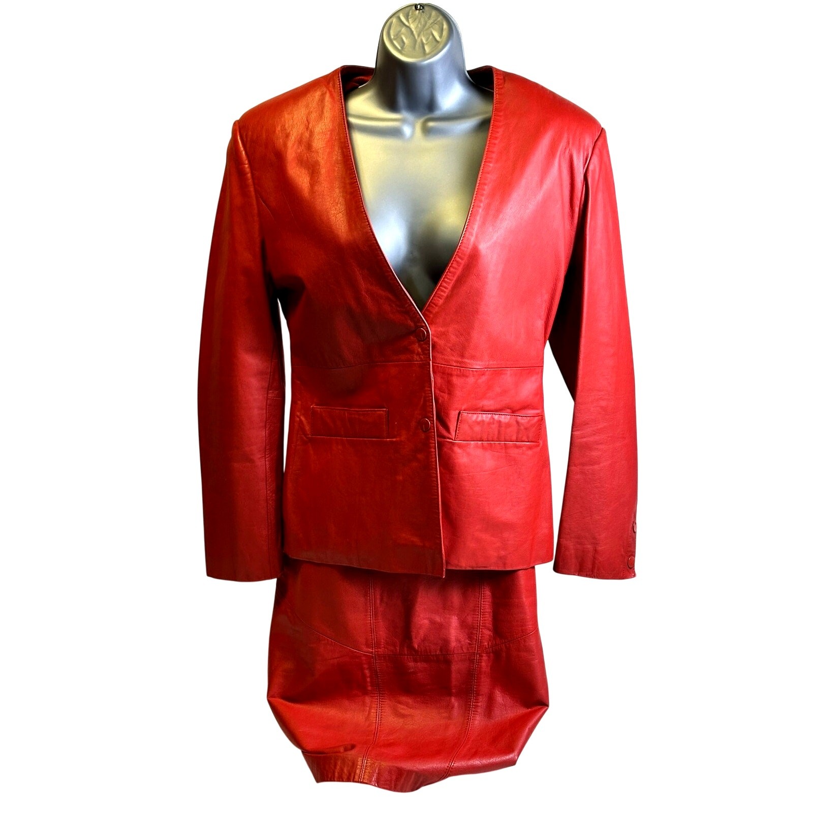 Vintage Wilsons Red Genuine Leather 2 Piece Skirt Suit Jacket S Skirt 12
