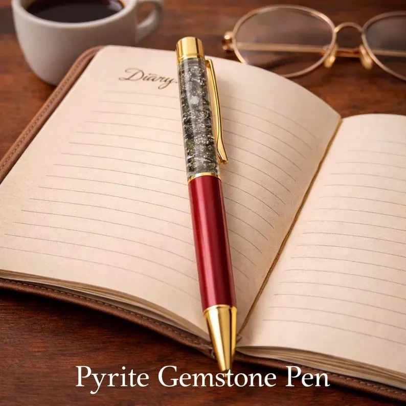Natural Pyrite Gemstone Ballpoint Pen Red Gold Luxury Crystal Gift for Men Women