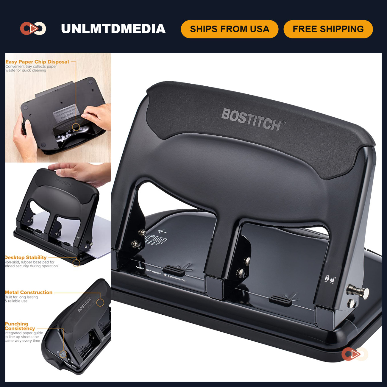 Heavy Duty 3 Hole Punch, EZ Squeeze Design, 40 Sheet Capacity, Black Finish Heavy Duty 3 Hole Punch, EZ Squeeze Design, 40 Sheet Capacity, Black Finish