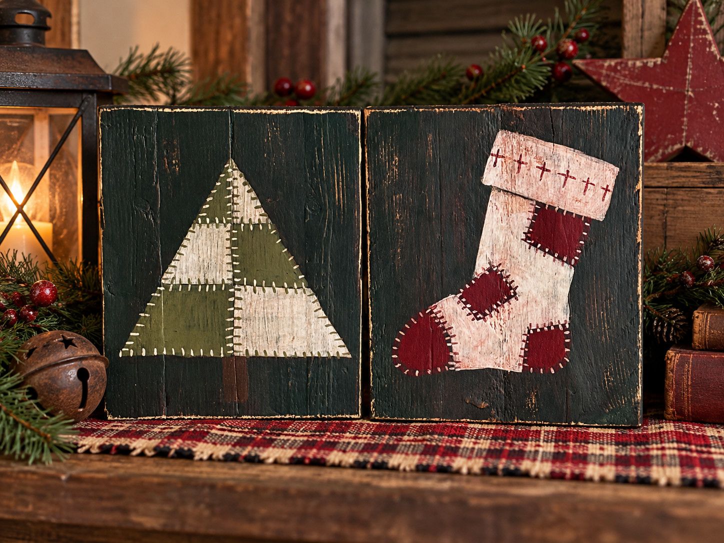 Primitive Christmas Tree Stocking Set of 2 Hand Painted Reclaimed Wood