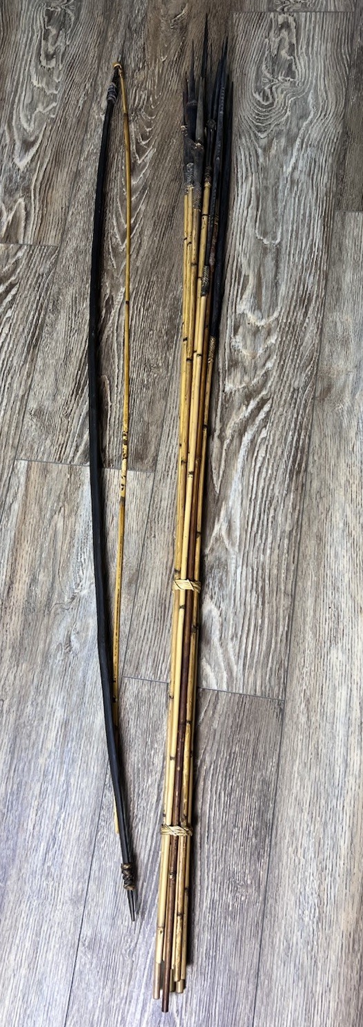 Vtg  Papua New Guinea Tribal Archery Set Black Palm Bow Pitpit Reed Arrows PNG