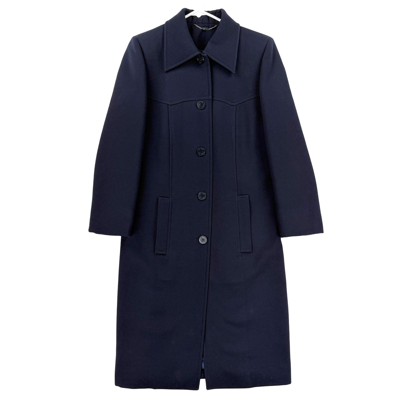 Celine Coat Womens 40 Blue Wool Twill Long Single Breasted Overcoat Made France