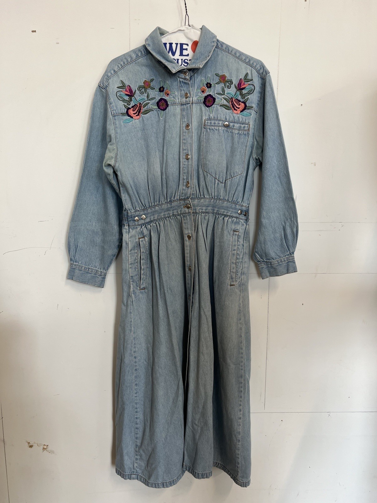 Vintage 90s Embroidered Floral Denim Maxi Dress L Button Front Western Boho