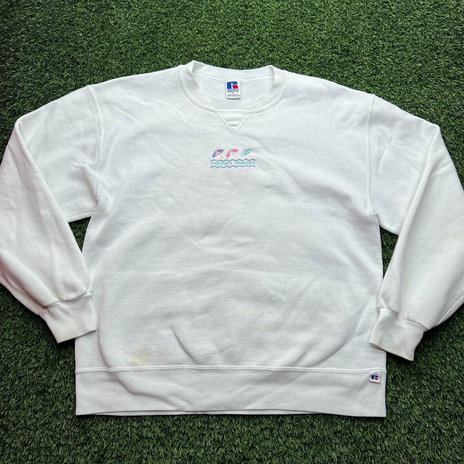 VTG 90s Russell Martha Vineyards Sweatshirt Large L White Pullover USA Made RARE VTG 90s Russell Martha Vineyards Sweatshirt Large L White Pullover USA Made RARE