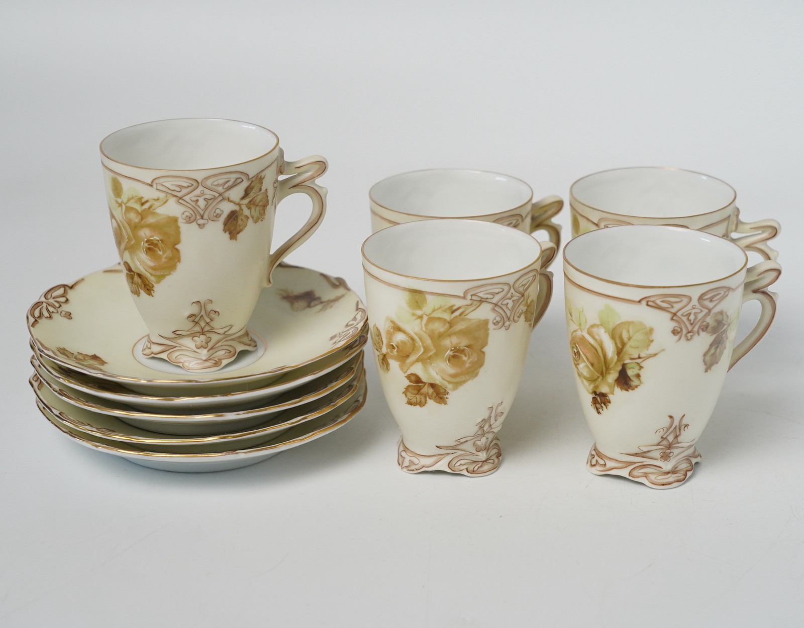Antique Hermann Ohme Clairon Old Ivory XVI 16 Demitasse Cups & Saucers Set of 5 Antique Hermann Ohme Clairon Old Ivory XVI 16 Demitasse Cups & Saucers Set of 5
