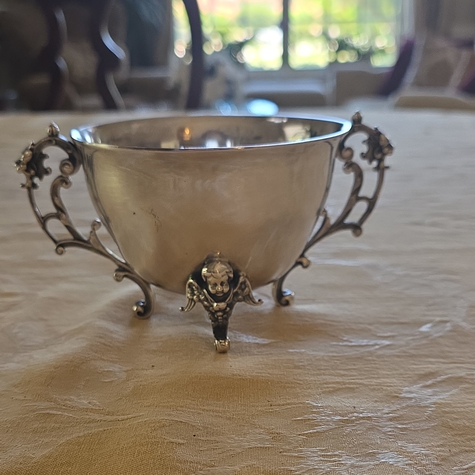 VTG. HEFRA SILVER CHERUBS BAROQUE MASK HANDLE ORNATE EUROPEAN STYLE BOWL POLAND VTG. HEFRA SILVER CHERUBS BAROQUE MASK HANDLE ORNATE EUROPEAN STYLE BOWL POLAND