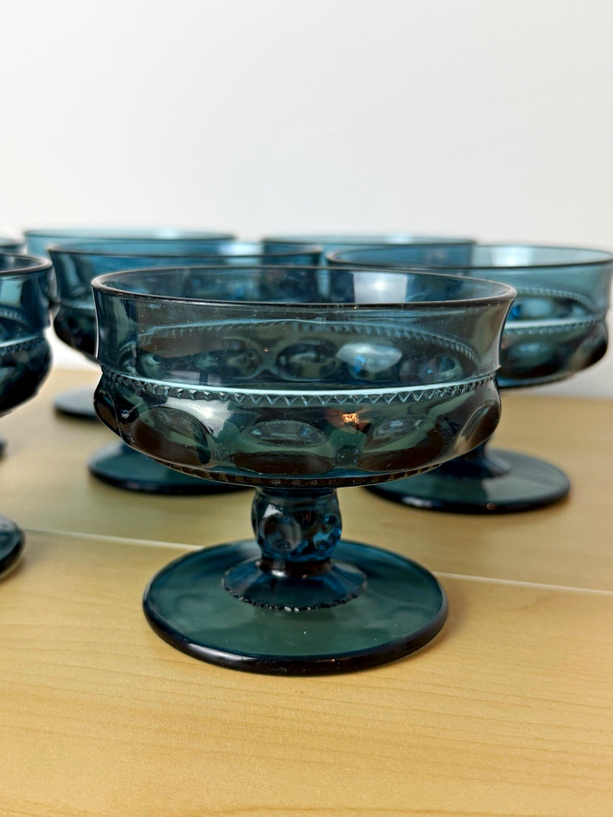 Set of 7 Vintage Indiana Glass King’s Crown Blue Thumbprint Pedestal Bowls Set of 7 Vintage Indiana Glass King’s Crown Blue Thumbprint Pedestal Bowls