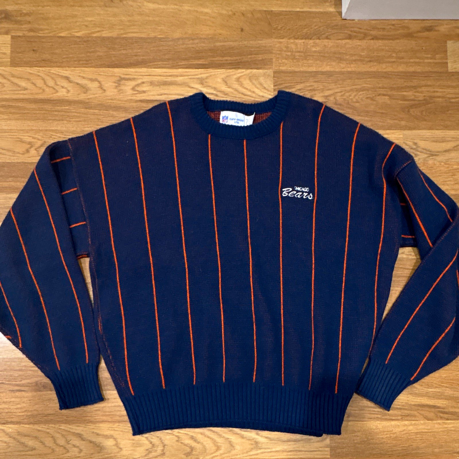 Vintage Cliff Engle Chicago Bears NFL knit Sweater Size L Navy Orange Striped Vintage Cliff Engle Chicago Bears NFL knit Sweater Size L Navy Orange Striped