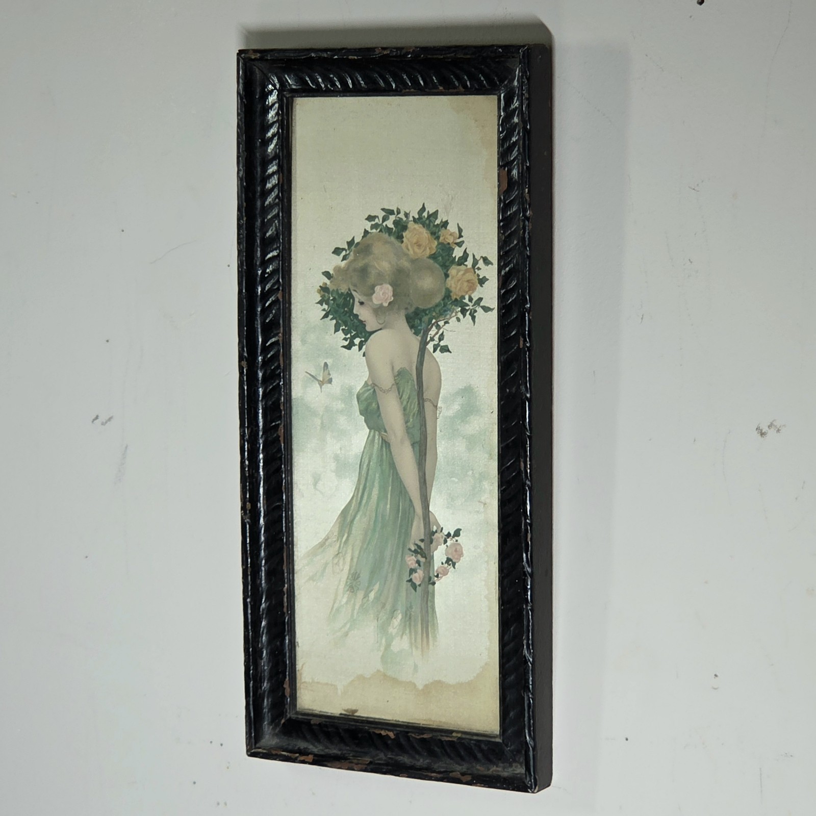 Antique Art Nouveau Framed Textile Lady Panel Raphael Kirchner c1900 Wall Art