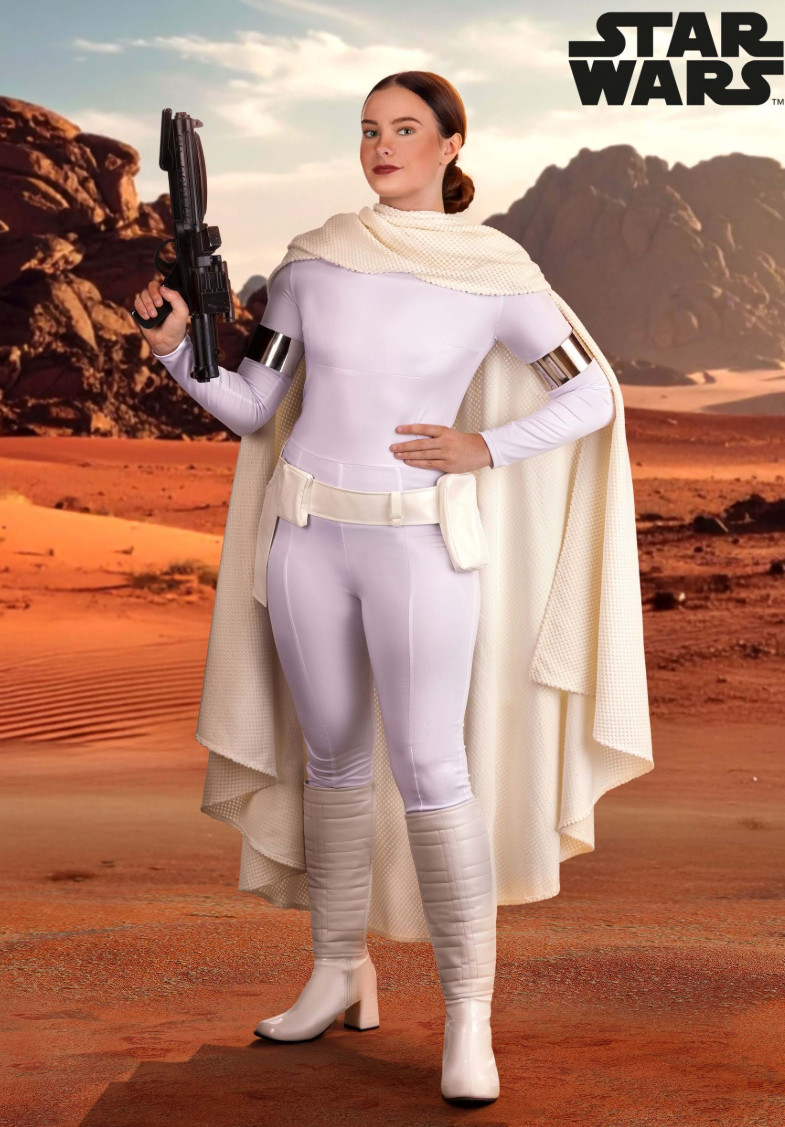 Womens Deluxe Star Wars Padme Costume Amidala White Jumpsuit Cape Belt Suit
