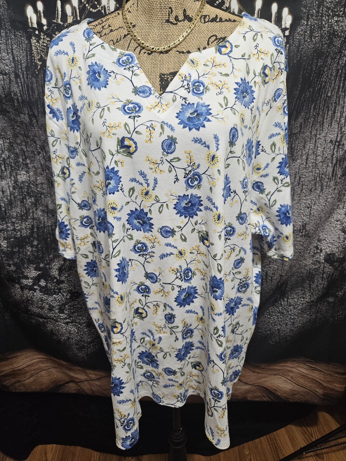 CROFT & BARROW, WOMEN\'S NEW BLUE/YELLOW COTTON ELBOW SLEEVED FLORAL TEE, SIZE 3X