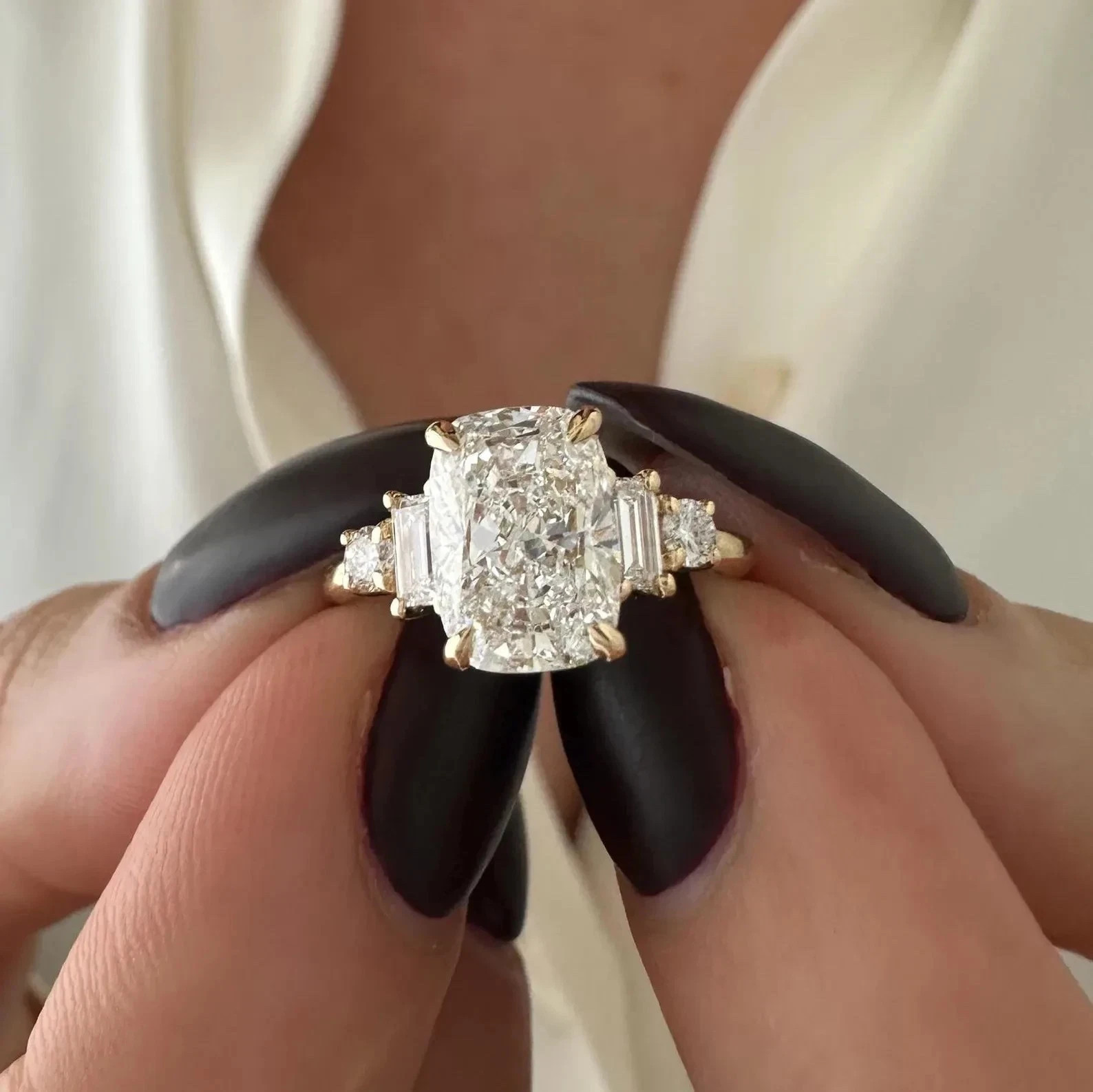 2 Ct Elongated Cushion EF VS1 Lab Grown Diamond 5 Stone Ring in 14k Yellow Gold