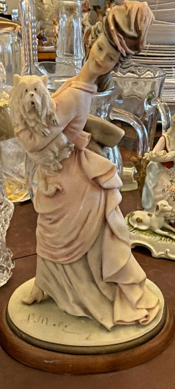 Vintage Porcelain Lady Figurine Holding Dog Pink Victorian Dress Wood Base Vintage Porcelain Lady Figurine Holding Dog Pink Victorian Dress Wood Base