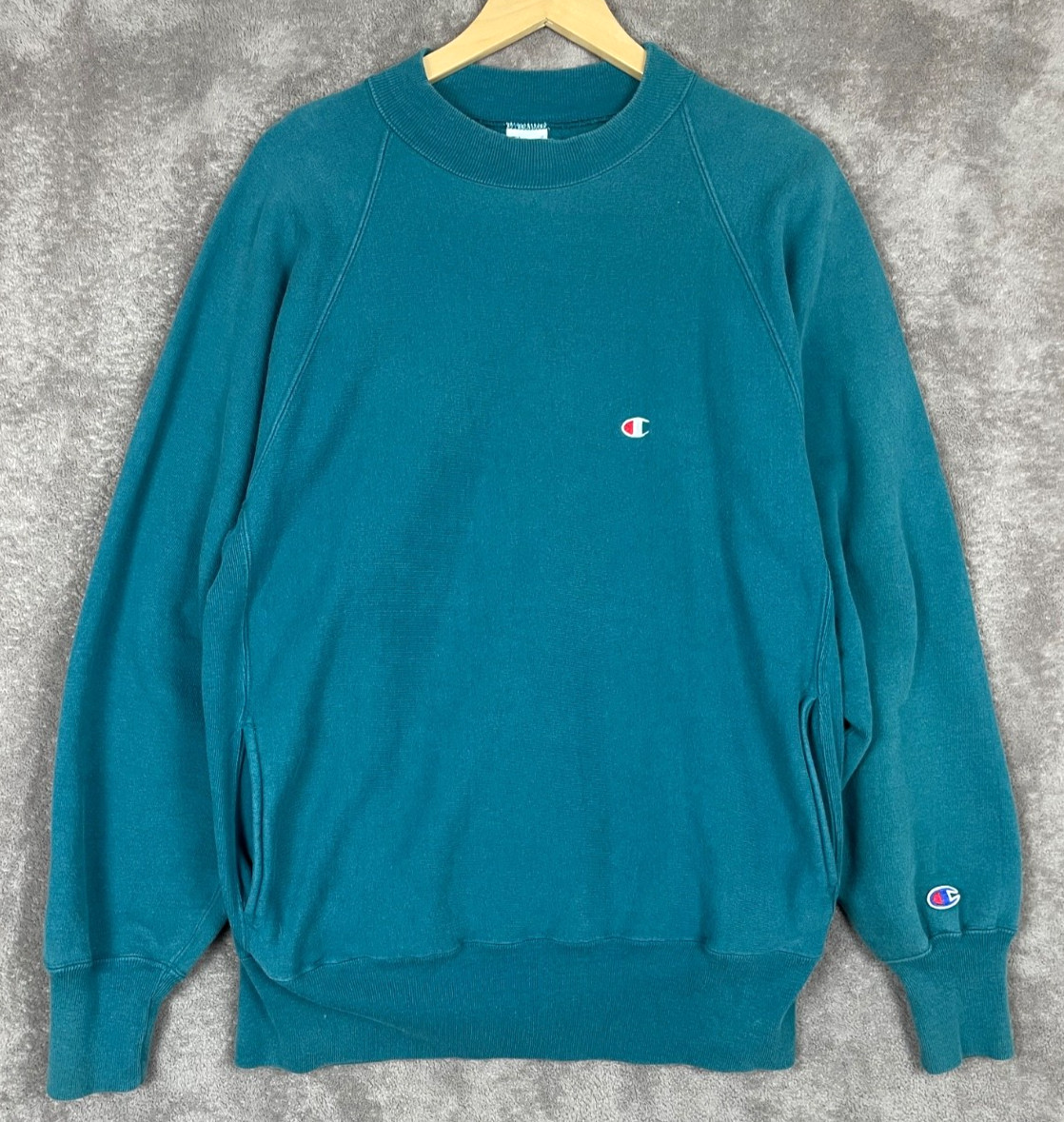 VTG 90s Champion Reverse Weave Mock Neck Sweatshirt Mens XL Teal Pockets USA VTG 90s Champion Reverse Weave Mock Neck Sweatshirt Mens XL Teal Pockets USA