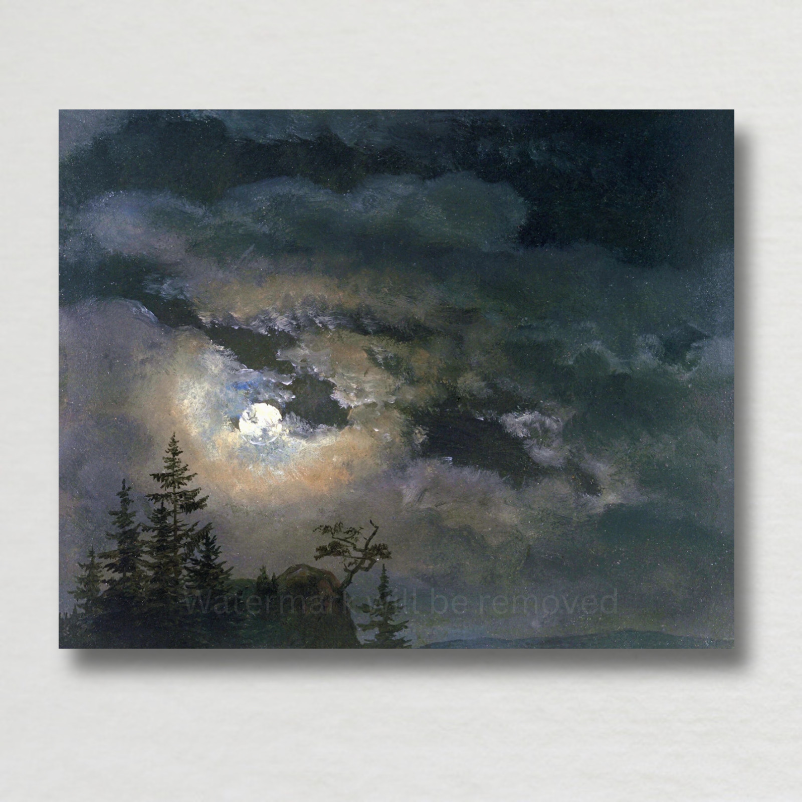 1800s Cloudy Midnight Landscape Painting Giclee Fine Art Paper Print 1800s Cloudy Midnight Landscape Painting Giclee Fine Art Paper Print