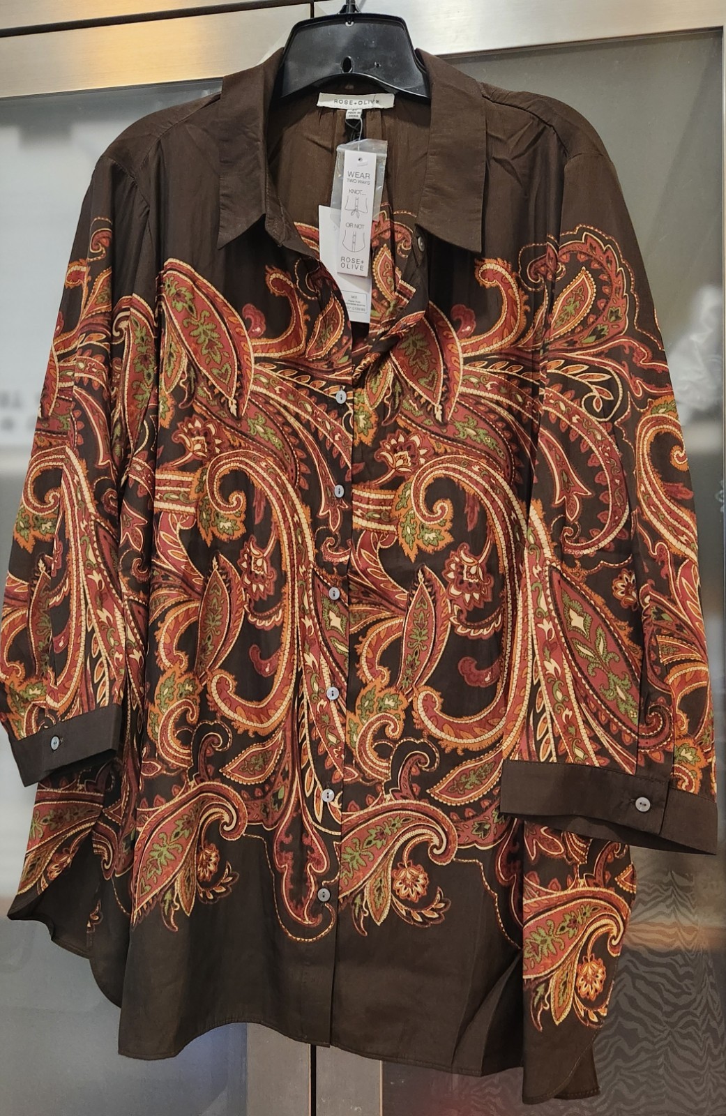Rose & Olive Plus 2X Multicolor  3/4 sleeve  Button Down Blouse 27\'\' Long