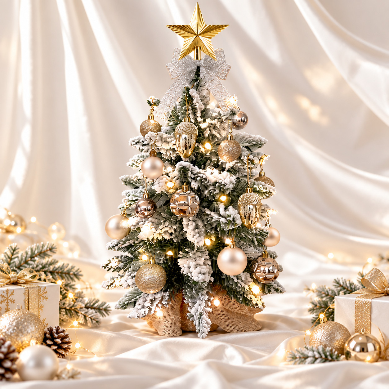 22in Mini Christmas Tree With Light Gold Artificial Xmas Decoration Flocked Snow 22in Mini Christmas Tree With Light Gold Artificial Xmas Decoration Flocked Snow