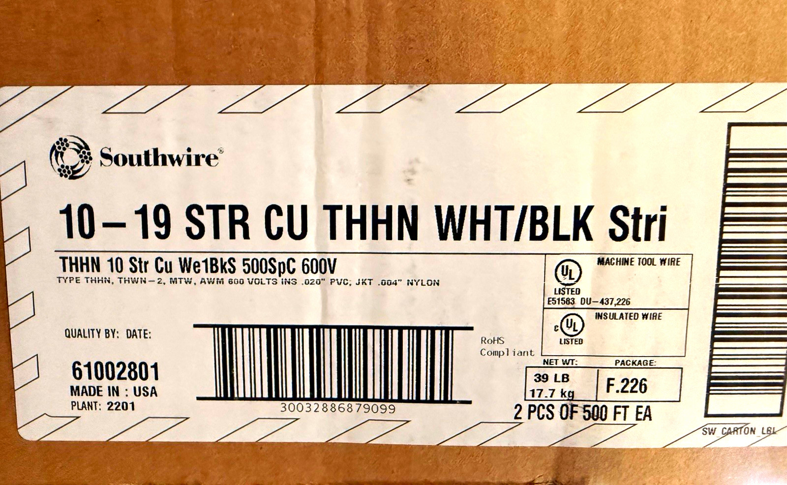 Southwire 61002801 10 AWG Stranded Copper THHN Wire White/Black 500 FT 600V Southwire 61002801 10 AWG Stranded Copper THHN Wire White/Black 500 FT 600V