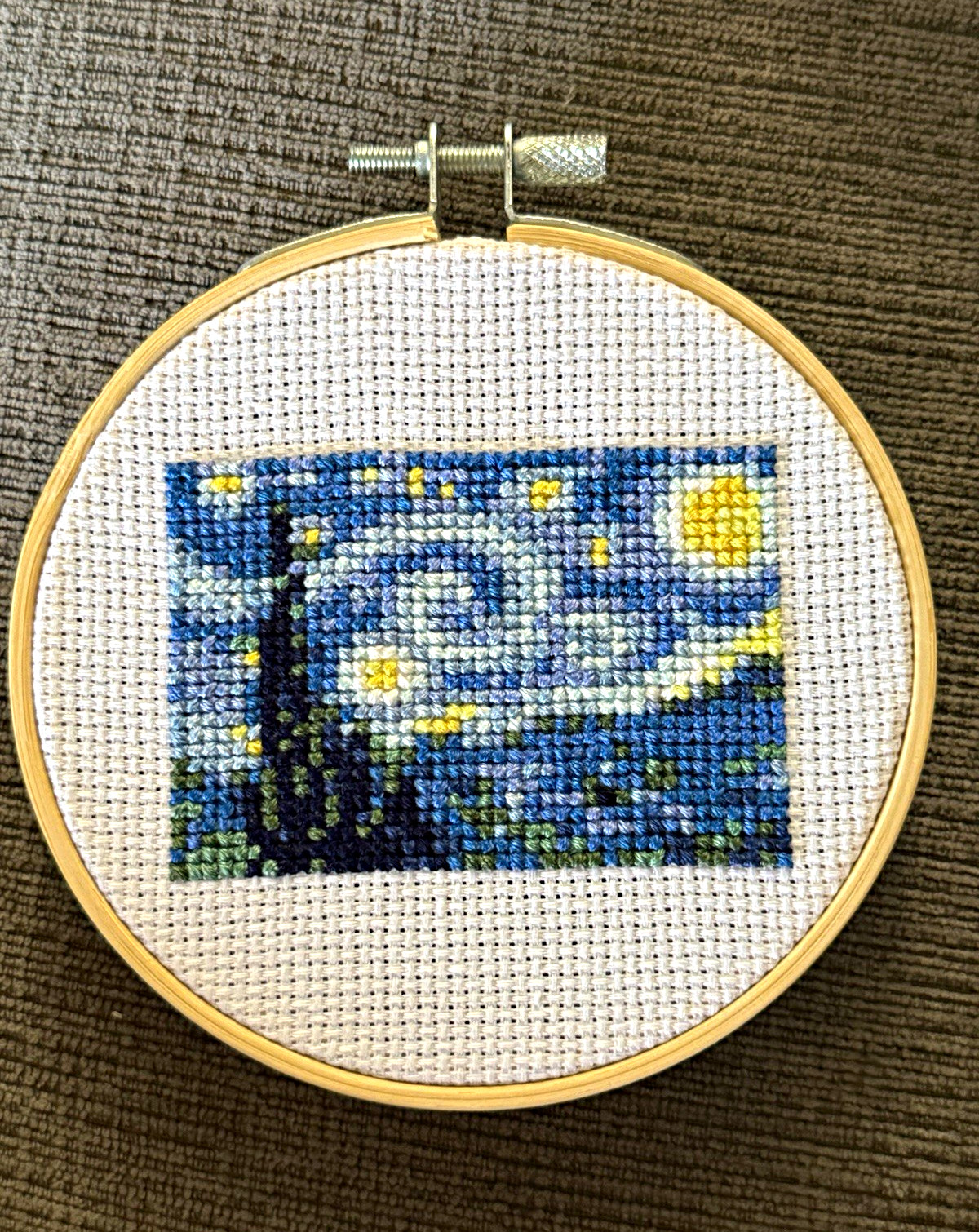 Handmade Framed Cross Stitch Hoop Blue Night Sky Landscape Scene Finished Handmade Framed Cross Stitch Hoop Blue Night Sky Landscape Scene Finished