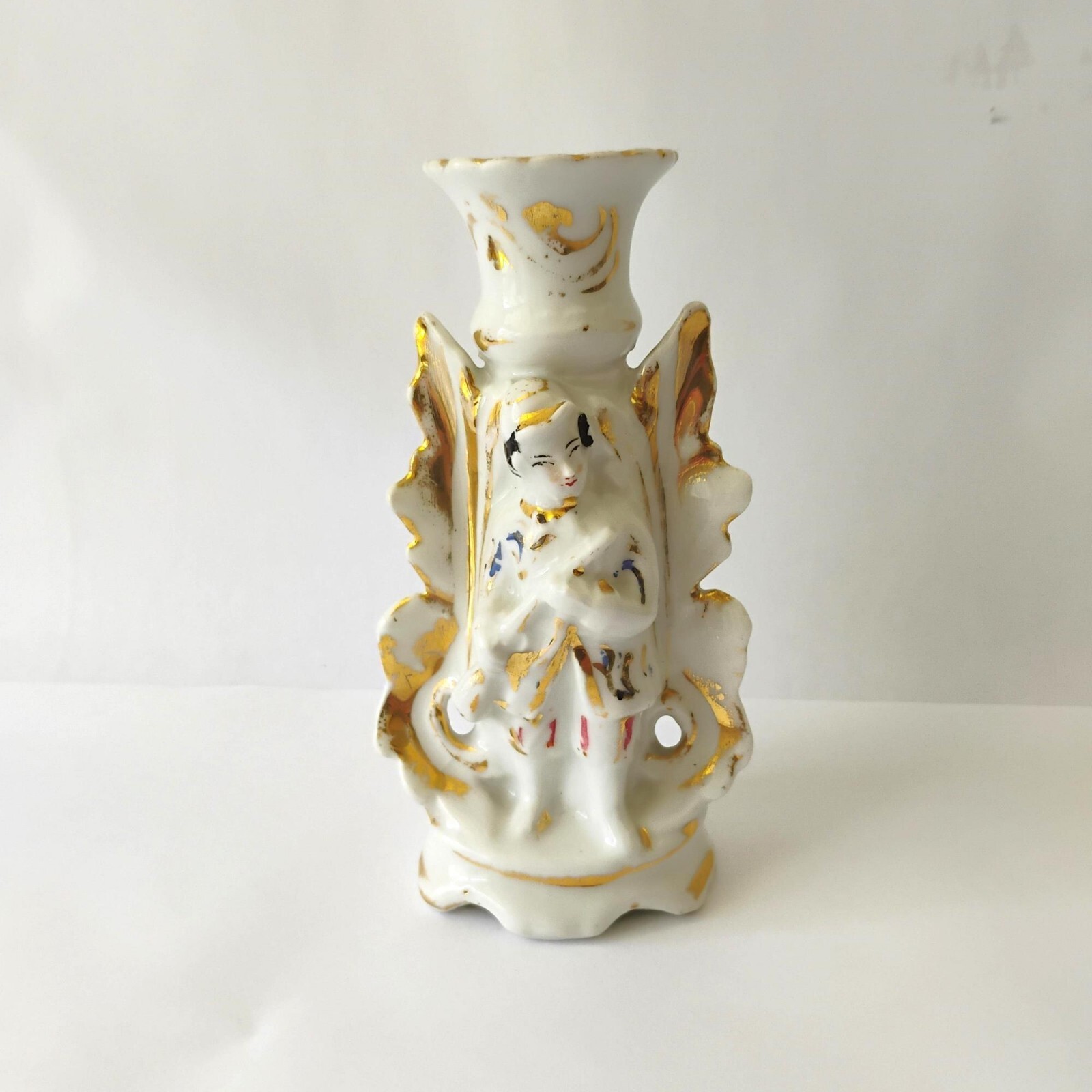 Antique French Porcelain Candlestick Gilded Figural Putto Candle Holder Rococo