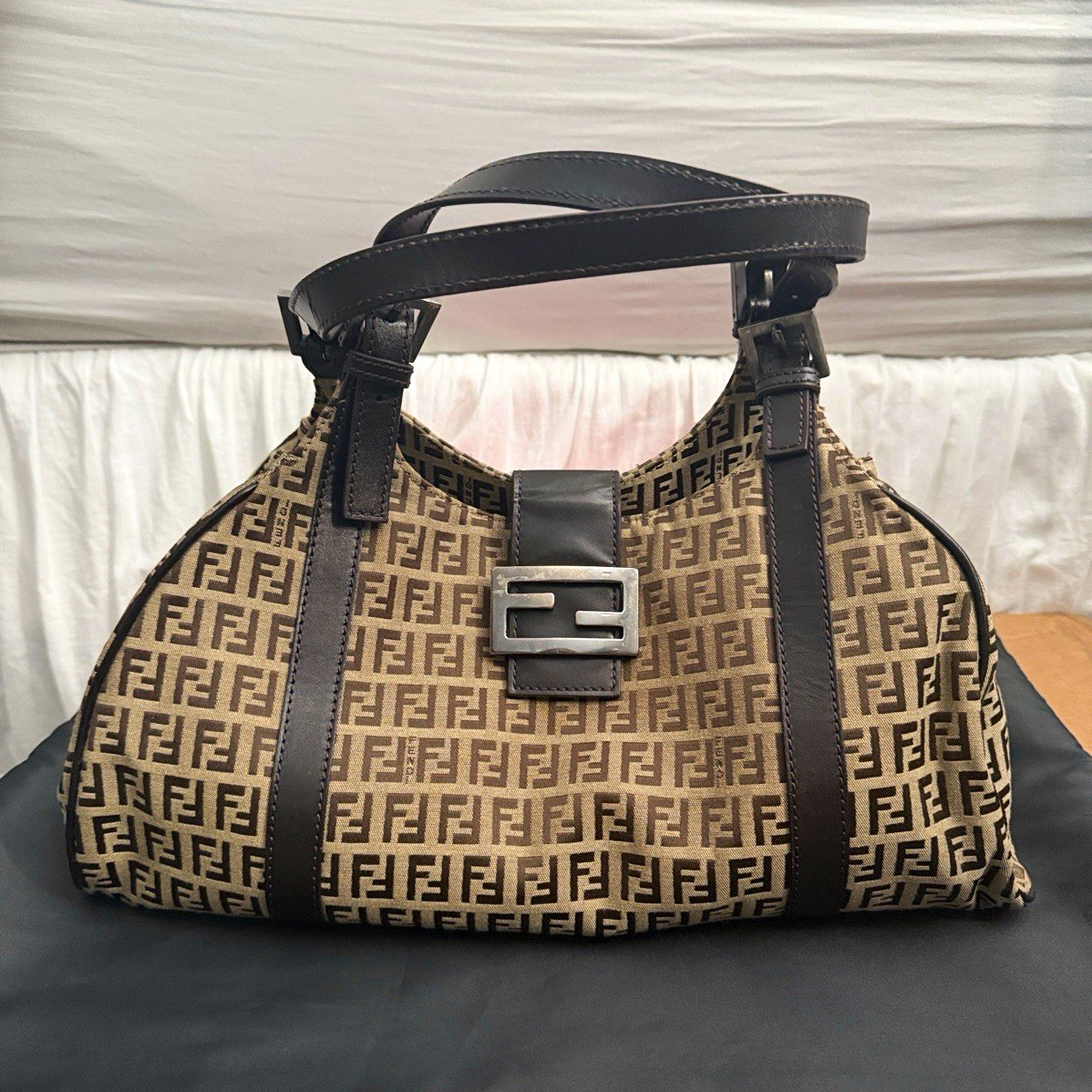 Fendi Zucca Monogram Shoulder Bag Brown Beige Double Handles Silver w Dust Bag Fendi Zucca Monogram Shoulder Bag Brown Beige Double Handles Silver w Dust Bag