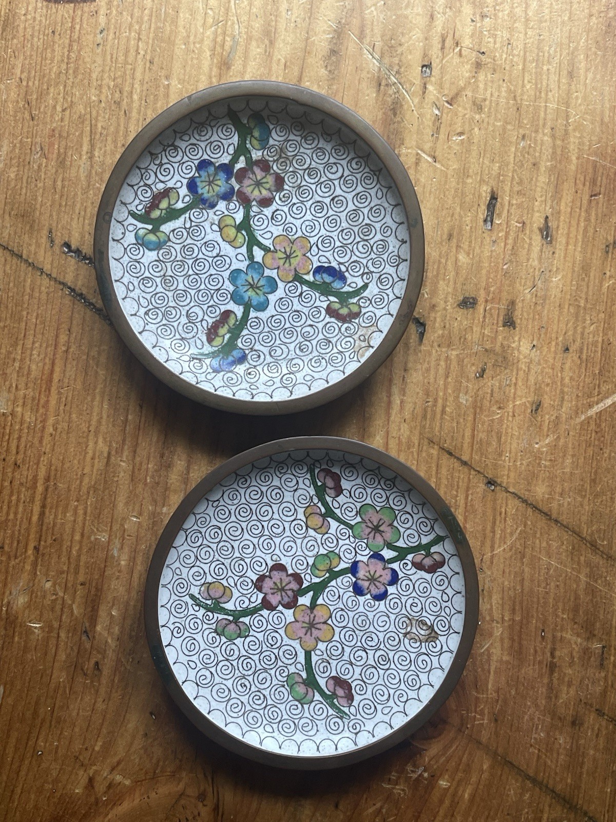 Chinese Enamel Lot Of 2 Small Pin Dishes Vintage Cloisonné