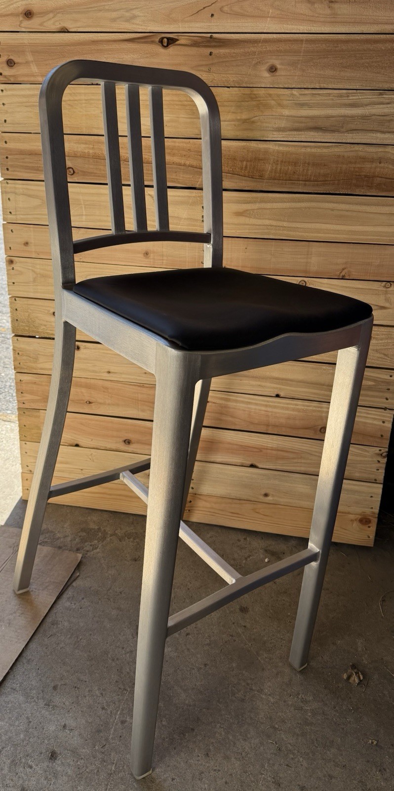 Emeco Navy 1006 Barstools — Brand New, Brushed Aluminum, Black Leather Seat Pad