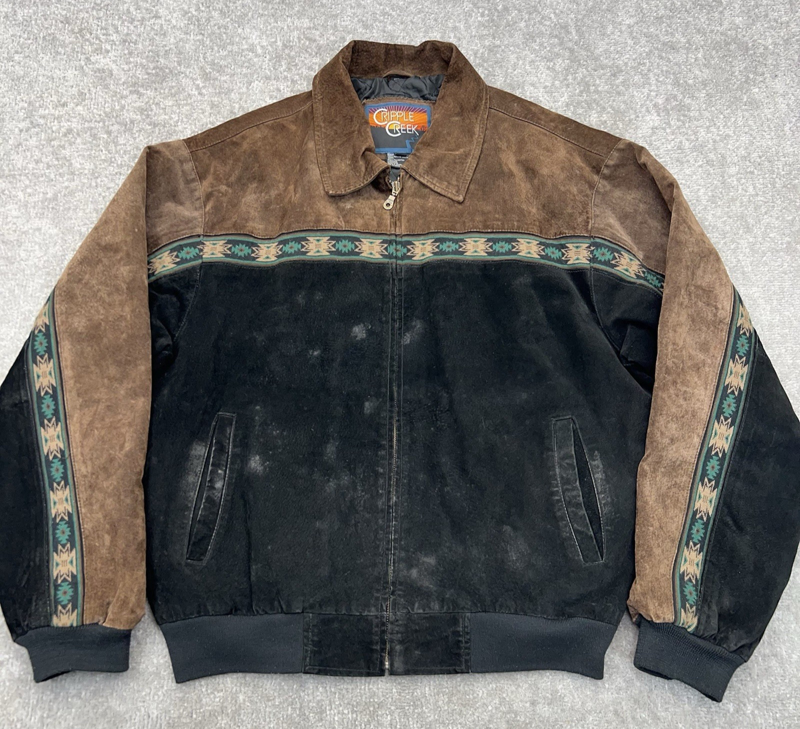 Vtg Cripple Creek Aztec Suede Leather Jacket Men Large Southwest Western FLAWS Vtg Cripple Creek Aztec Suede Leather Jacket Men Large Southwest Western FLAWS
