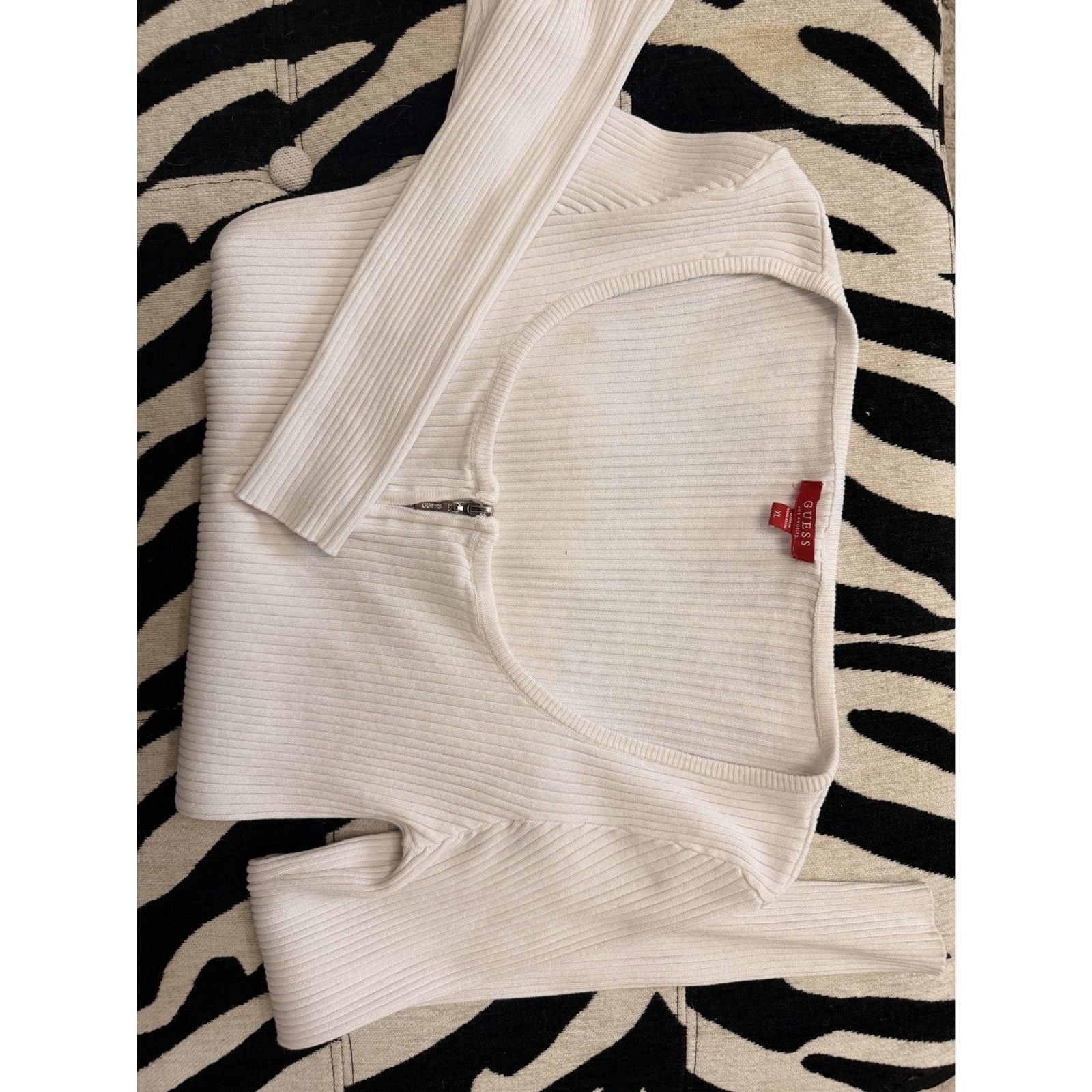 Guess | White Ribbed half-zip Long sleeve Y2K Top (XL)