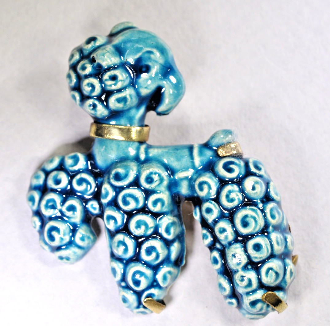Vtg. Antique Ceramic French Poodle Brooch Pin Art Deco Dog Brass Back Aqua Vtg. Antique Ceramic French Poodle Brooch Pin Art Deco Dog Brass Back Aqua