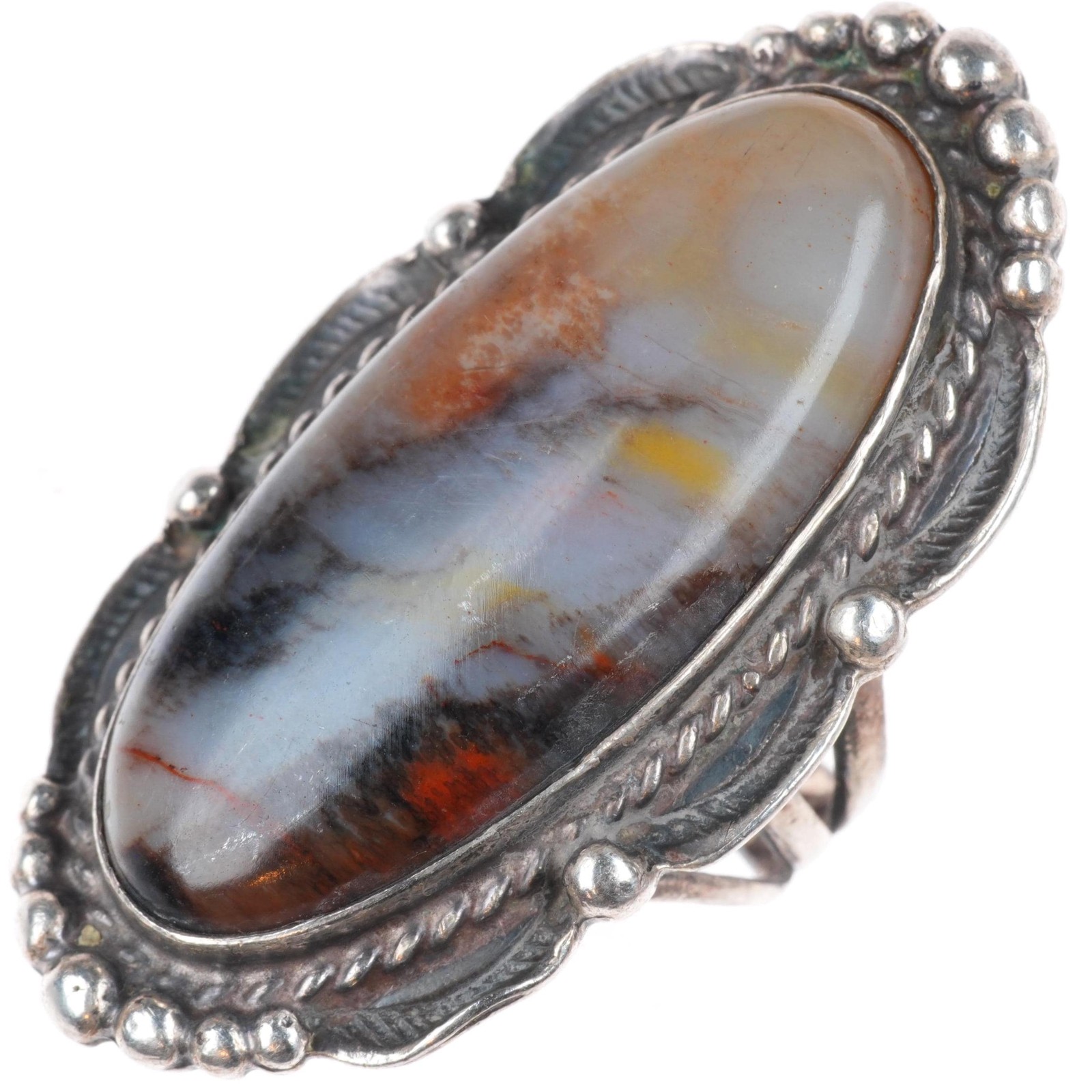 sz7 large c1940\'s Navajo petrified wood stamped sterling silver ring sz7 large c1940\'s Navajo petrified wood stamped sterling silver ring
