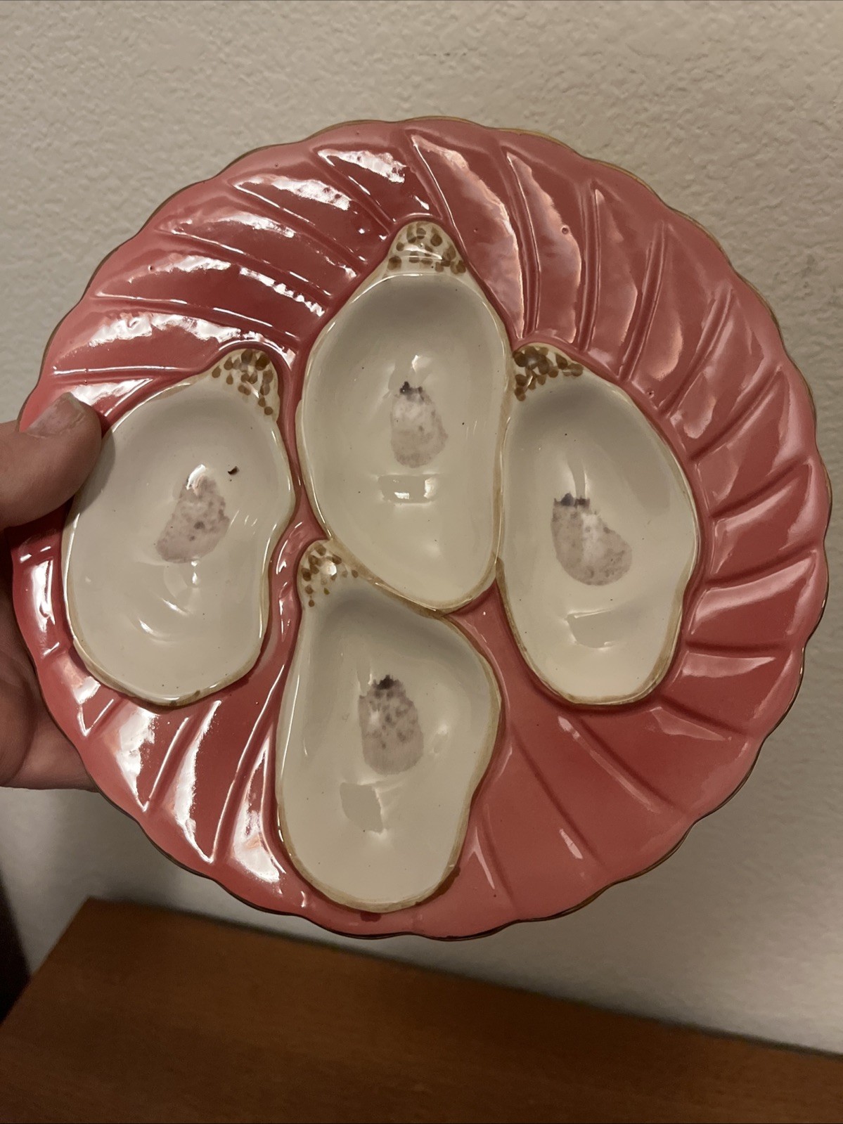 Abigails Raspberry Pink Oyster Plate Painted Gold Rim Ceramic Coastal Decor