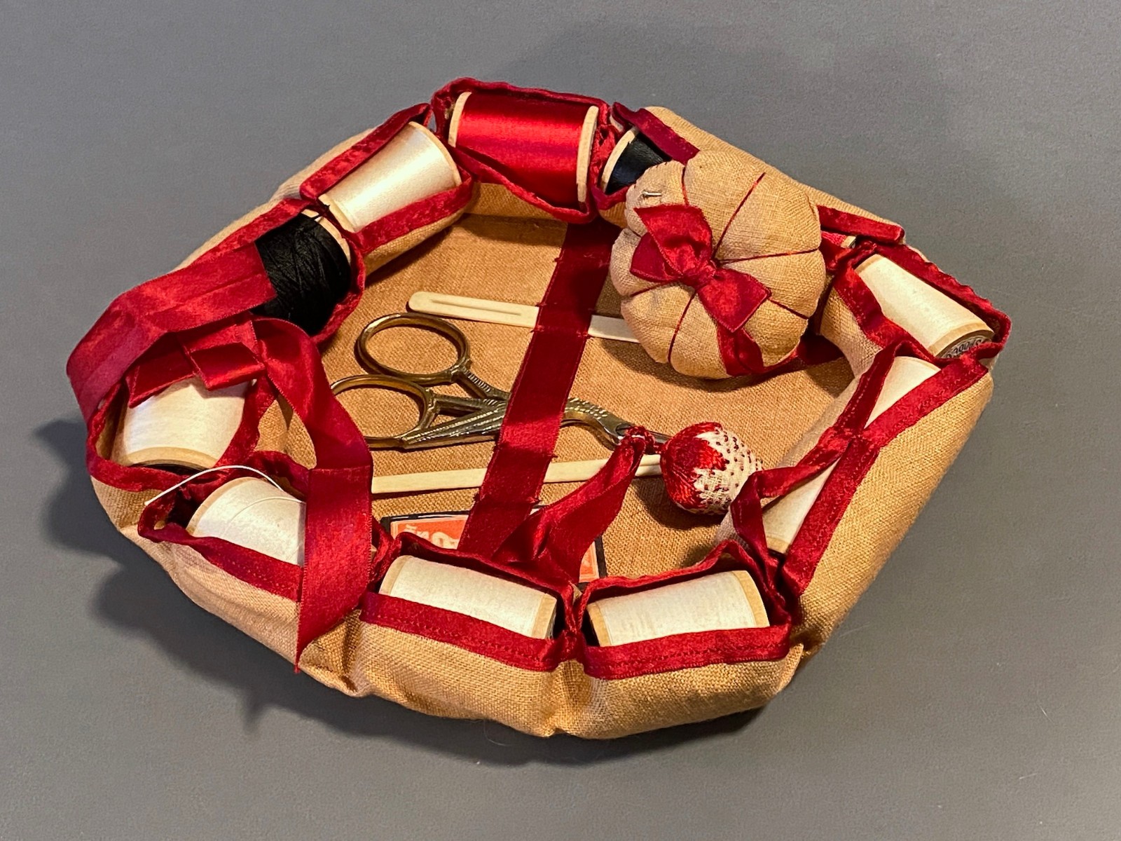 Antique c1900 Sewing Kit Spool Holder Pin Cushion Emery Linen Red Trim Primitive