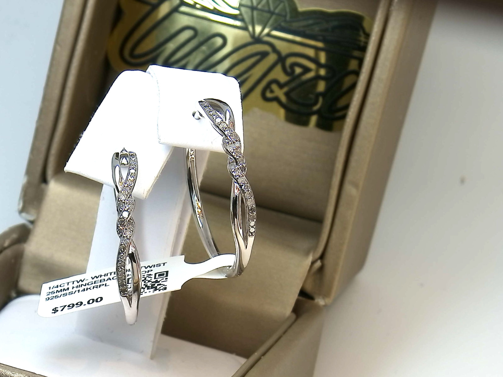 $799-💥1/4CT TW NATURAL Diamond TWIST HINGE BACK  HOOP EARRINGS SS/14K PL 925