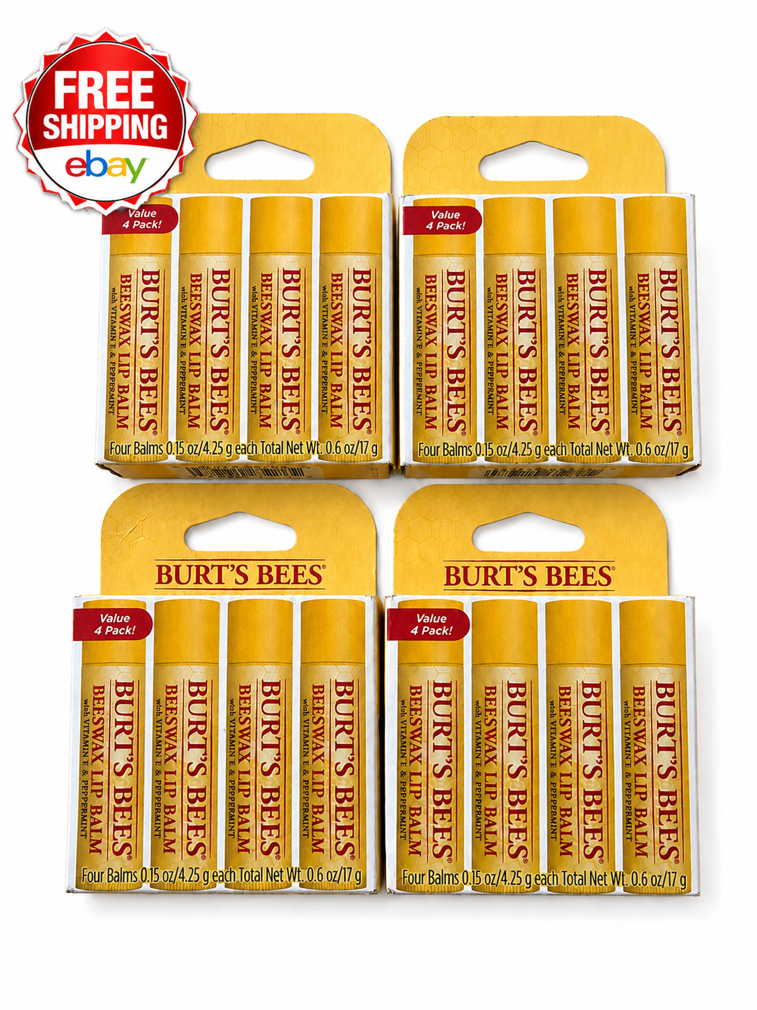 Burt\'s Bees Lot of 4 NEW Beewax Lip Balm With Vitamin E & Peppermint - FREE S&H Burt\'s Bees Lot of 4 NEW Beewax Lip Balm With Vitamin E & Peppermint - FREE S&H