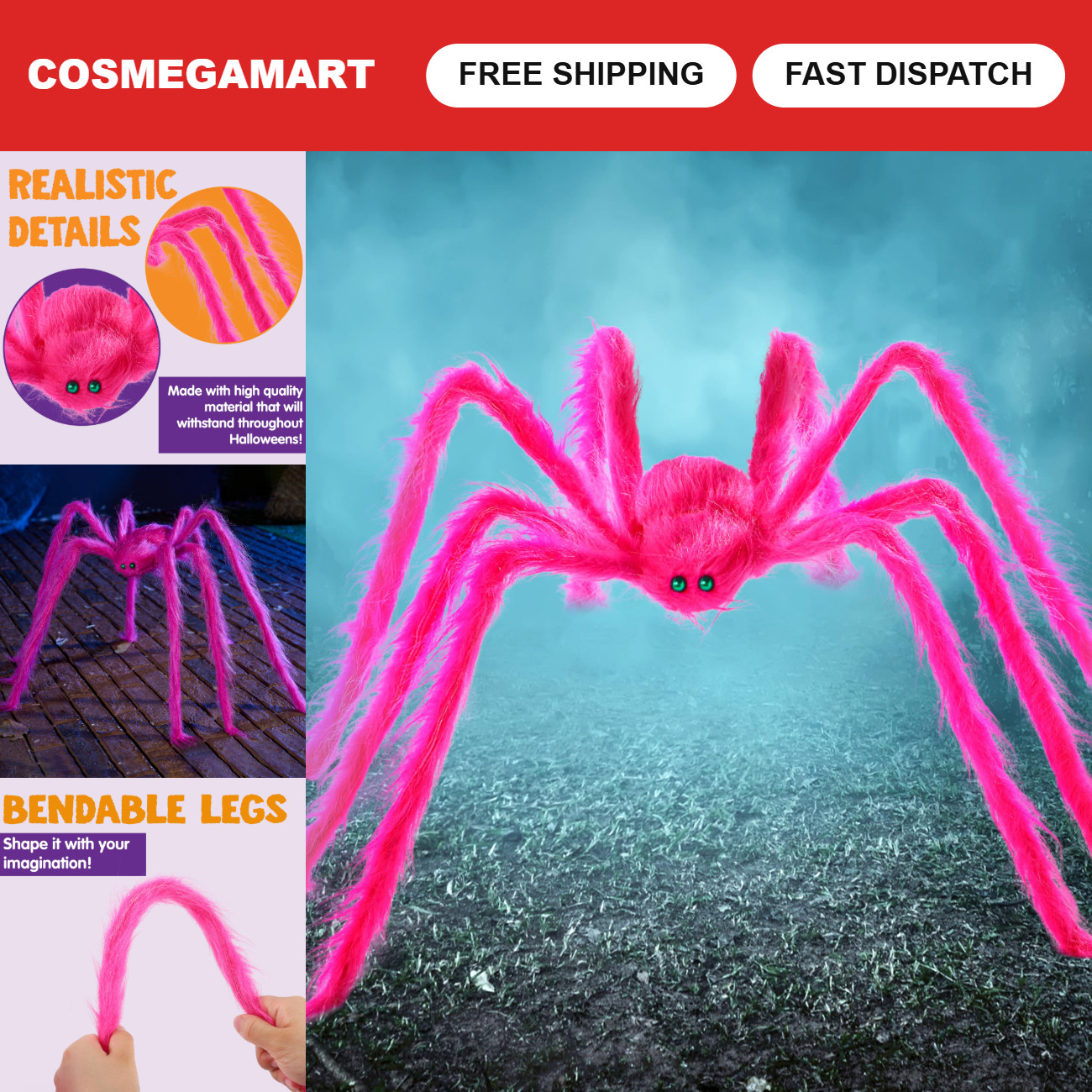 Giant 5 Ft Neon Pink Spider with Green Eyes - Halloween Outdoor Yard Decor, Haun