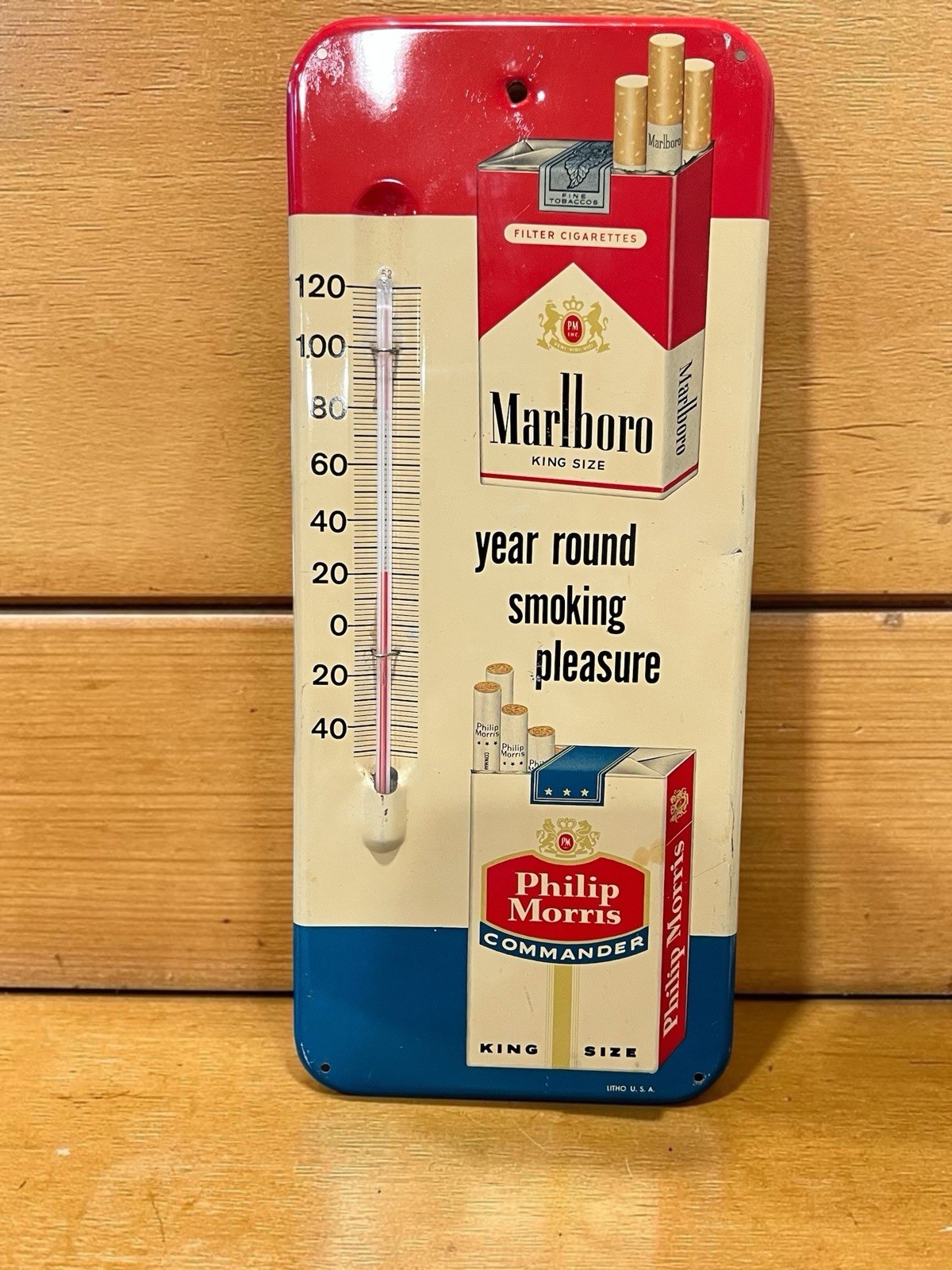 Vintage Philip Morris Marlboro Cigarette Tin Thermometer Sign 1960s Litho USA