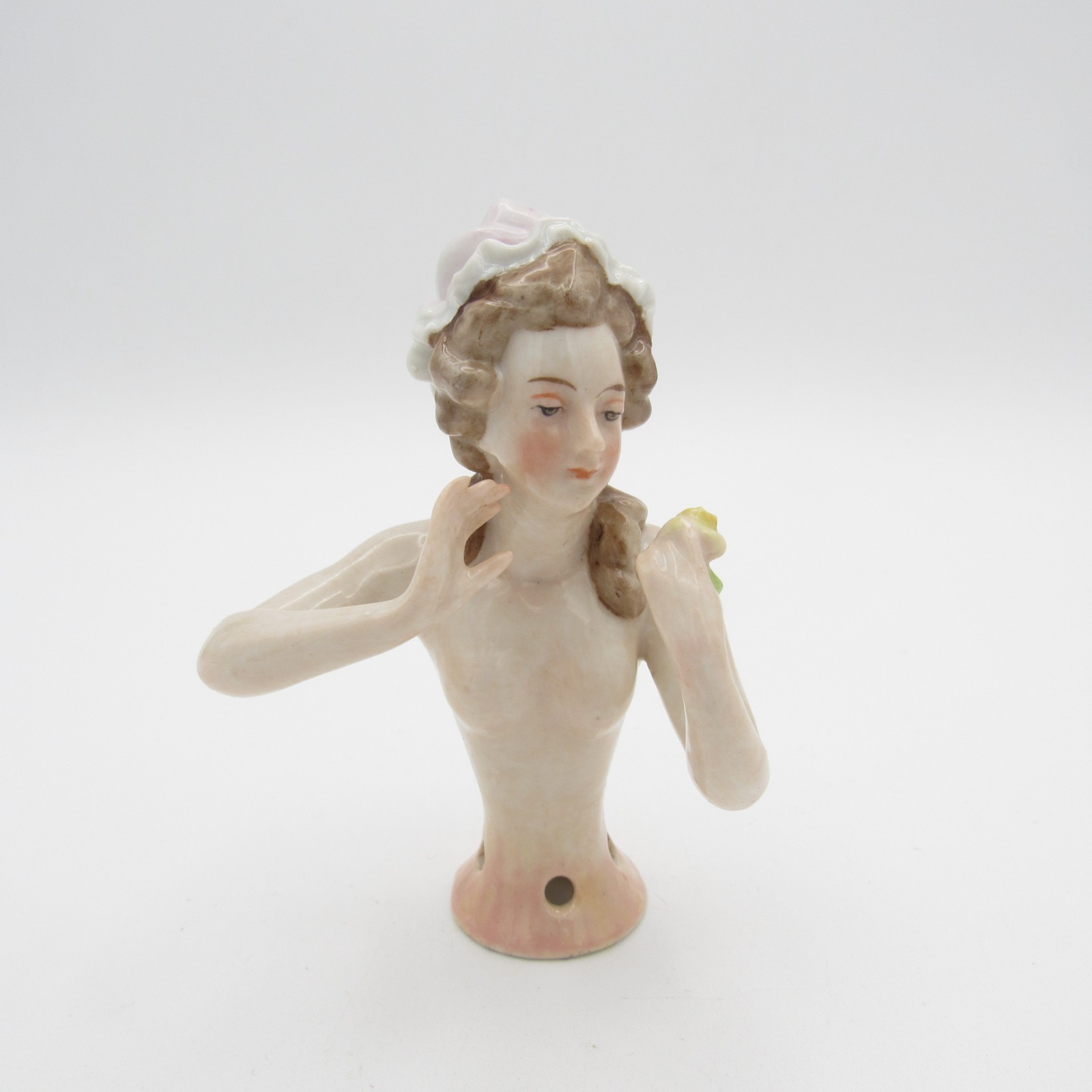 Beautiful Antique Half Doll Wearing Bonnet and Holding a Rose