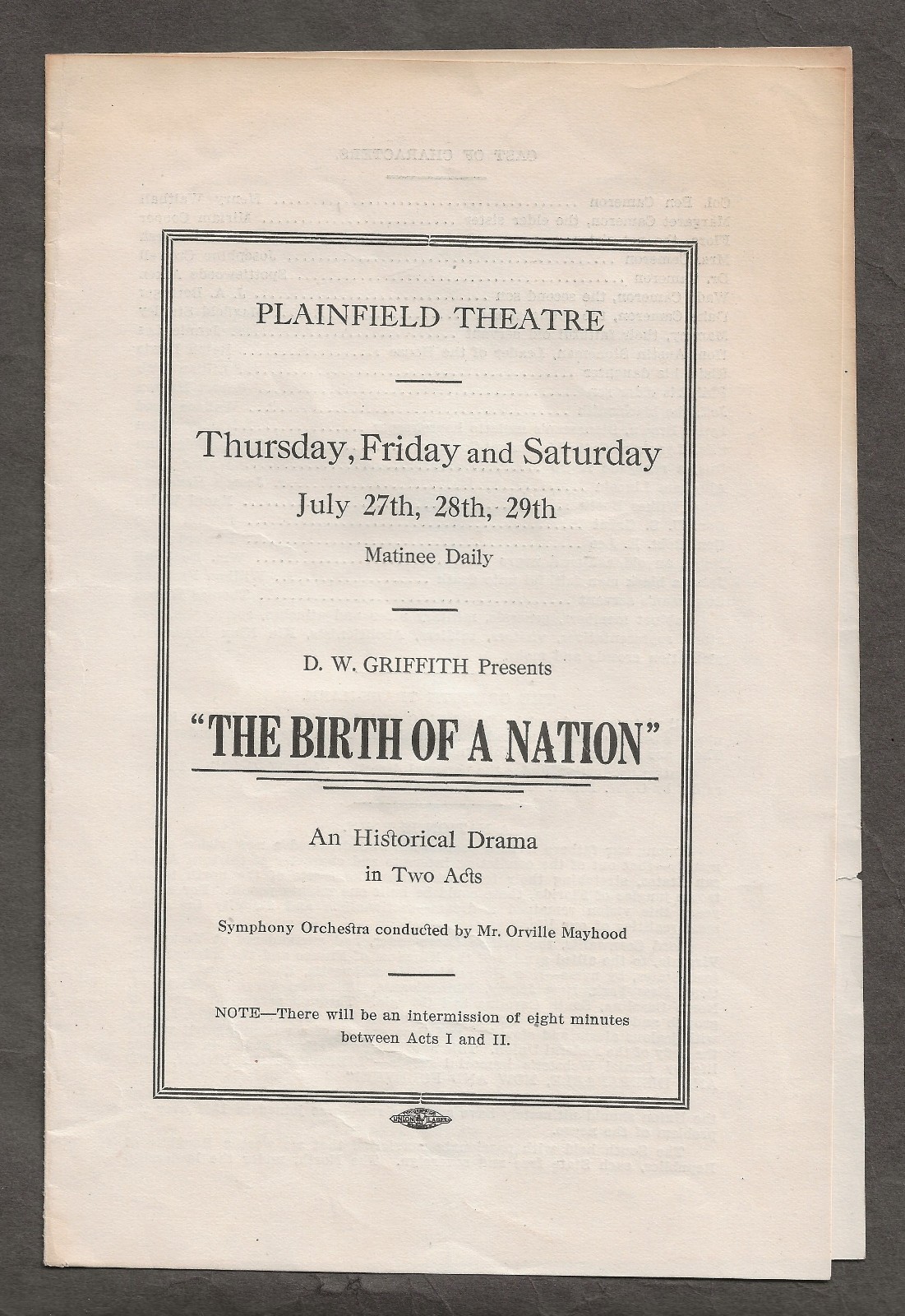 1915 THE BIRTH OF A NATION ORIG PROGRAM D.W. GRIFFITH 1915 THE BIRTH OF A NATION ORIG PROGRAM D.W. GRIFFITH
