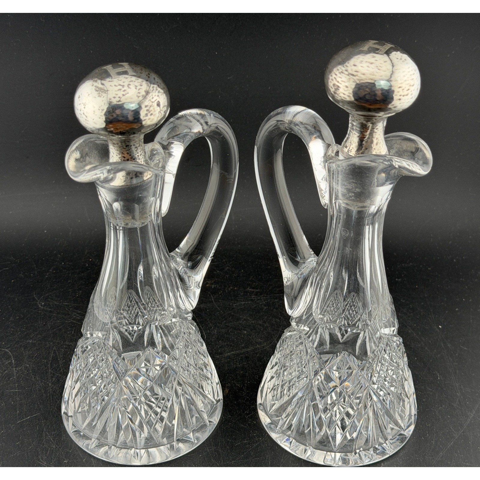Shreve & Co Sterling Silver Cruet Decanter Set of 2: Hammered Top, Cut Glass