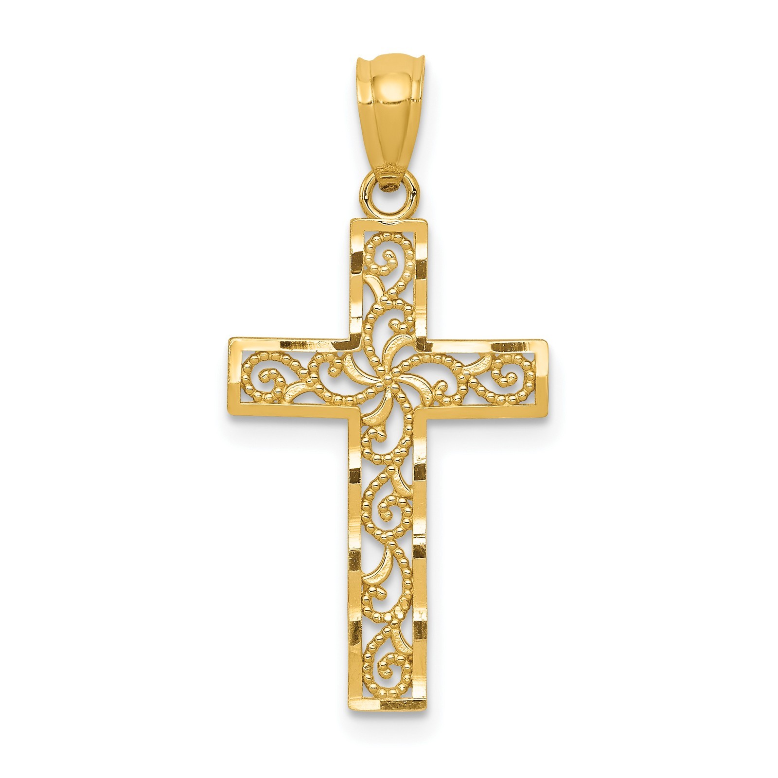 Cross Pendant Charm 27x13mm 14k Yellow Gold Religious Solid Filigree