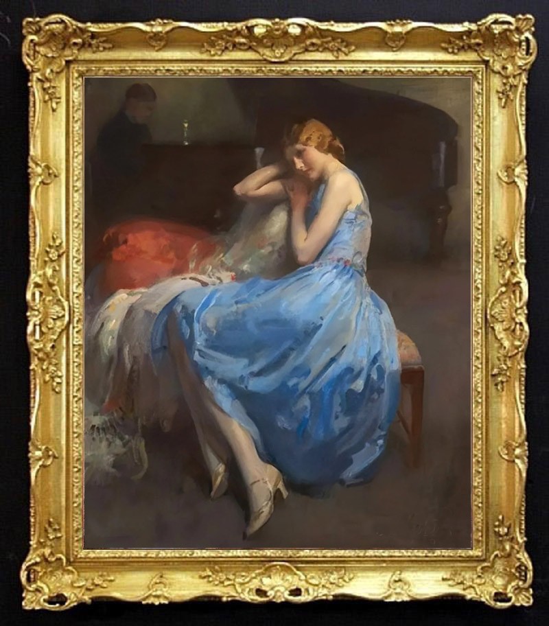Hand Painted Classical Oil Painting Lady in Blue Evening Dress Art Vintage Style