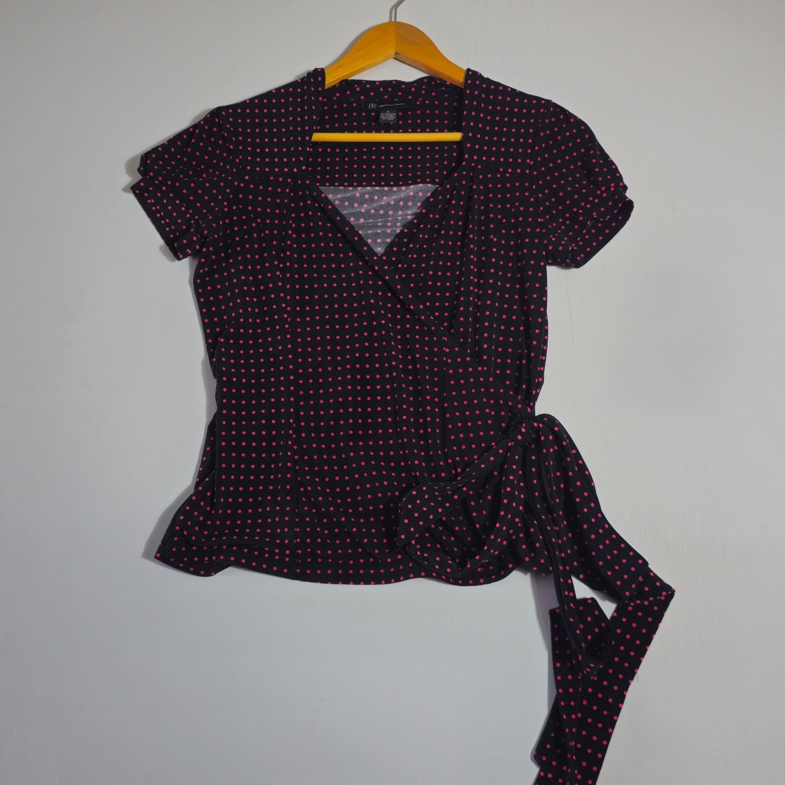 Inc International Concepts Wrap Blouse Top Womens Small Black Pink Polka Dot